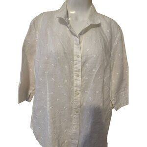 Ishyu Womens White Linen Floral Embroidered Button-Front Shirt Blouse 3/4 Sleeve